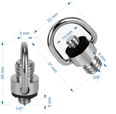 Adapter 1/4" męski na 3/8" męski z uchem D-Ring stal do kamer i foto-video