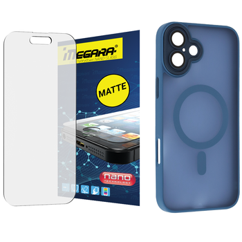 Szkło hybrydowe do iPhone 16 MATOWE + MagSafe ETUI niebieskie TPU