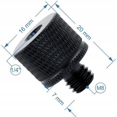 Adapter tuleja redukcja 1/4" na M8 statywowa aluminiowa czarna 20 mm