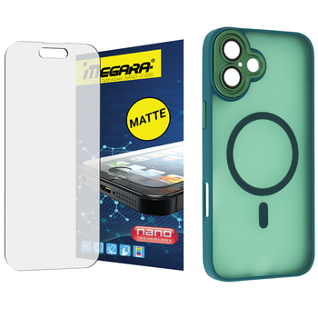 Szkło hybrydowe do iPhone 16 PLUS MATOWE + MagSafe ETUI zielone TPU