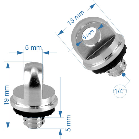 Śruba statywowa 1/4" z uszczelką uchem do paska smyczy linki aluminiowa