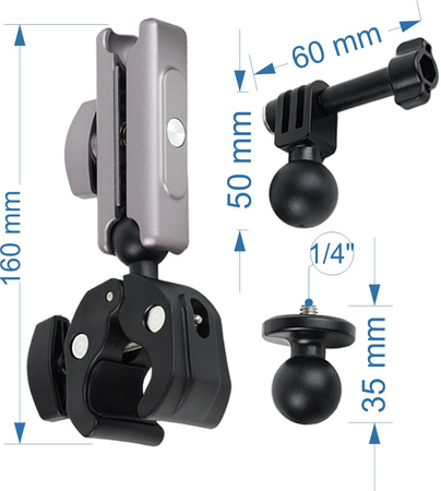 UCHWYT ZACISKOWY 360 do GoPro 1/4" kamer motocyklowy rowerowy IMADŁO 9‑38mm