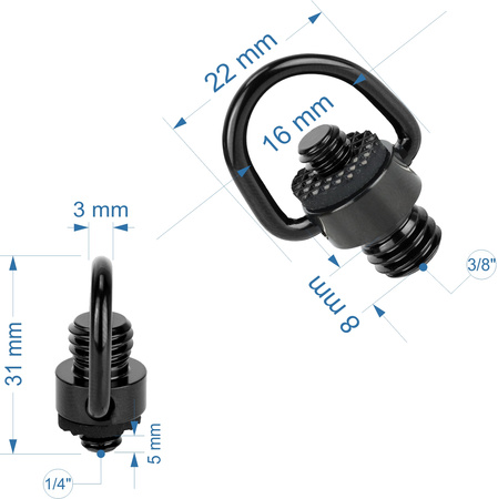 Adapter 1/4" męski na 3/8" męski z uchem D-Ring stal do kamer i foto-video